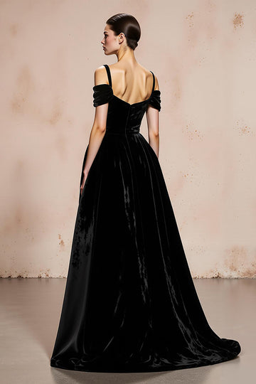 Black Velvet Cold Shoulder A Line Evening Dress